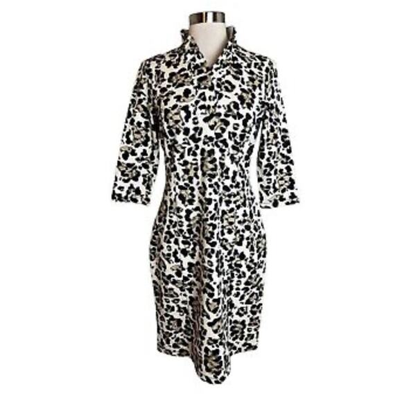 J McLaughlin Terin Dress Small Leopard Print Ruffle Neck Sheath Catalina Cloth - Picture 1 of 10